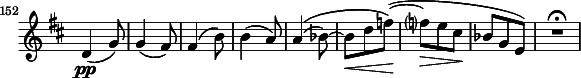 
\relative c' \new Staff \with { \remove "Time_signature_engraver" } {
 \key d \major \time 3/8
  \set Staff.midiInstrument = "violin"
  \set Score.tempoHideNote = ##t \tempo 4. = 76
  \set Score.currentBarNumber = #152 \bar "||"
  d4(\pp g8) g4( fis8) fis4( b8) b4( a8) a4( \( bes8)~ bes\< d f\! \) (~ f?\> e cis\! bes g e) R2*3/4\fermataMarkup }
