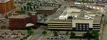 Aerial photo of long, low office building