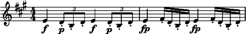  \relative c' { \key a \major \numericTimeSignature \time 4/4 \clef treble e\f \times 2/3 { d8\p-. b-. d-. } e4\f \times 2/3 { d8\p-. b-. d-. } | e4\fp fis16-. d-. b-. d-. e4\fp fis16-. d-. b-. d-. } 