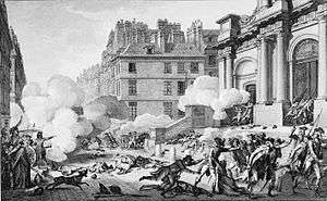 Etching of a street, there are a lot pockets of smoke due to a group of republican artillery firing on royalists across the street at the entrance to a building