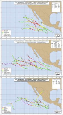 Three individual maps showing all storm paths from the 1990 season