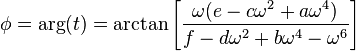 \phi = \arg(t) = \arctan \left[ \frac{\omega (e - c\omega^2 + a\omega^4)}{f - d\omega^2 + b\omega^4 - \omega^6} \right ] 