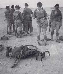 Seven soldiers only one facing the camera, wearing hot climate uniform, in a desert type terrain