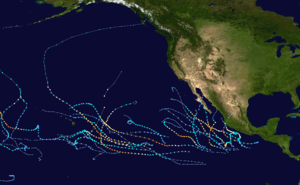 Map plotting the track and intensity of all Central and Eastern Pacific tropical cyclones during 2015 according to the Saffir–Simpson hurricane wind scale