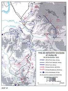 A map showing the front line with the UN labeled in blue and the Chinese in red. A blue arrows is moving down through a long sequence of red lines, with multiple red arrows chasing it