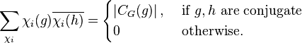 \sum_{\chi_i} \chi_i(g) \overline{\chi_i(h)} = \begin{cases} \left | C_G(g) \right |, & \mbox{ if } g, h \mbox{ are conjugate } \\ 0 & \mbox{ otherwise.}\end{cases}