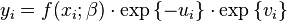 y_i  = f(x_i ;\beta ) \cdot  \exp \left\{ { - u_i } \right\}   \cdot \exp \left\{ {v_i } \right\} 