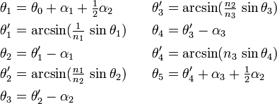 
   \begin{align}
      \theta_1 &= \theta_0 + \alpha_1 + \tfrac{1}{2} \alpha_2      &\theta'_3 &= \arcsin (\tfrac{n_2}{n_3} \, \sin \theta_3) \\
      \theta'_1 &= \arcsin (\tfrac{1}{n_1} \, \sin \theta_1) \quad &\theta_4 &= \theta'_3 - \alpha_3 \\
      \theta_2 &= \theta'_1 - \alpha_1                             &\theta'_4 &= \arcsin (n_3 \, \sin \theta_4) \\
      \theta'_2 &= \arcsin (\tfrac{n_1}{n_2} \, \sin \theta_2)     &\theta_5 &= \theta'_4 + \alpha_3 + \tfrac{1}{2} \alpha_2 \\
      \theta_3 &= \theta'_2 - \alpha_2
   \end{align}
