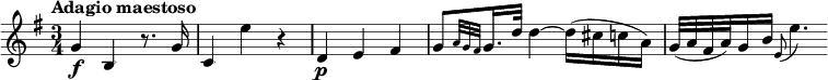 
\relative c'' {
  \key g \major
  \time 3/4
  \tempo "Adagio maestoso"
  g\f b, r8. g'16 |
  c,4 e' r |
  d,4\p e fis |
  g8[ \grace { a32[ g fis] } g16. d'32] d4~ d16( cis c a) |
  g32( a fis a) g16 b \appoggiatura e,8 e'4.
}
