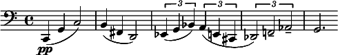  \relative c { \clef bass \time 4/4 c,4(\pp g' c2) | b4( fis d2) | \times 2/3 { ees4( g bes) } \times 2/3 { a( e cis~ } | \times 2/3 { des2) f!-- aes-- } | g2. } 