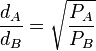 \frac{d_A}{d_B} = \sqrt{\frac{P_A}{P_B}} 