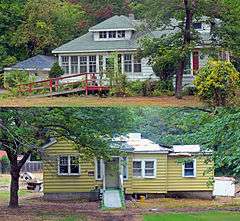 A picture of a white wooden house on the top and a more simple yellow house in the bottom photo