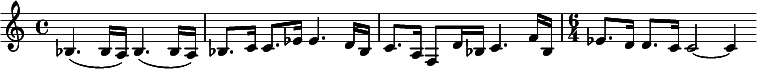  \relative c' { \clef treble \time 4/4 bes4.( bes16 a) bes4.( bes16 a) | bes8. c16 c8. ees16 ees4. d16 bes | c8. a16 f8 d'16 bes c4. f16 bes, | \time 6/4 ees8. d16 d8. c16 c2~ c4 } 