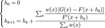 
\begin{cases}
h_{0} = 0 \\
h_{k+1} = h_{k} + \dfrac{\sum_{x}\dfrac{w(x)\left [ G(x)-F(x+h_{k})\right ]}{F'(x+h_{k})}}{\sum_{x}w(x)}
\end{cases}
