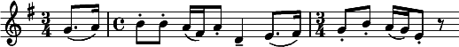 
\new Score {
  \new Staff {
    \relative c'' {
      \time 3/4
      \key g \major
      \clef treble

      \partial 4 g8.( a16) | 
      \time 4/4
      b8-. b-. a16( fis) a8-. d,4-- e8.( fis16) | 
      \time 3/4
      g8-. b-. a16( g) e8-. r
    }
  }
}
