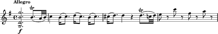 
\relative c' {
  \override Score.NonMusicalPaperColumn #'line-break-permission = ##f
  \tempo "Allegro"
  \key g \major
  <g d' b' g'>2.\f b'8.\trill( a32 b) |
  c4 b16( c8.) d16( c8.) b16( c8.) |
  cis16( d8.) d4 r d8.\trill( c32 d) |
  e8 r c' r fis, r a r |
}
