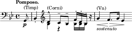 
\relative c' { \key bes \major \time 4/4 \tempo "Pomposo." \partial 8
 \clef bass g,8\p ^\markup { (Timp) } bes4-. 
 \clef treble << { d'-^ ^\markup { (Corni) } c8-- bes-- f'16-.[ d-. bes-.] } \\ { bes4 r bes16[ bes bes] } >> r 
 g'4 ^\markup { (Vn) } _\markup \italic sostenuto \< f8.\> g16 es4\!
}
