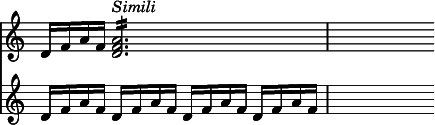 
\relative c' << { \override Score.TimeSignature #'stencil = ##f } \time 4/4 \new staff { d16 f a f <d f a>2.:16^\markup { \italic Simili } | s4 } \new staff { d16 f a f d f a f d f a f d f a f | s4 } >>
