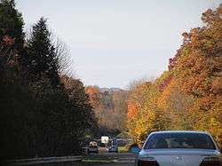 One direction of a freeway running through woodland