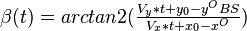  \beta (t) = arctan2(\textstyle\frac{V_y*t + y_0 - y^OBS}{V_x*t + x_0 - x^O}) 