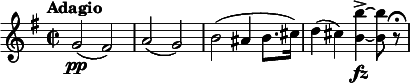 
\relative c'' {
  \tempo "Adagio"
  \key e \minor
  \time 2/2
  g2\pp (fis) | a (g) | b (ais4 b8. cis16) | d4 (cis) <b b'>->~\fz <b b'>8 r\fermata
}
