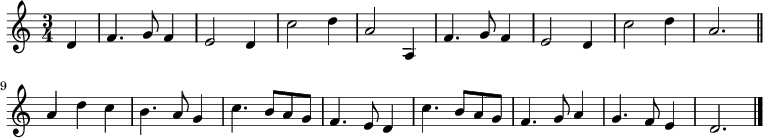 \relative c' { \time 3/4 \partial 4 d f4. g8 f4 e2 d4 c'2 d4 a2 a,4 f'4. g8 f4 e2 d4 c'2 d4 a2. \bar "||" \\
 a4 d c b4. a8 g4 c4. b8 a g f4. e8 d4 c'4. b8 a g f4. g8 a4 g4. f8 e4 d2. \bar "|." }