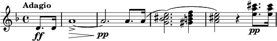 
\relative c' {
  \key d \minor
  \tempo "Adagio"
  \partial 4 d8.\ff d16 | a'1~->\> | a2.\pp\! a8. a16( | <e' cis bes g>2.)( <f d b gis>4 | <e cis a>2 ) r4 <cis' a e>8.\pp <cis a e>16
}
