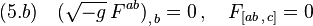 (5.b)\quad \big(\sqrt{-g}\,F^{ab}\big)_{,\,b}=0\,,\quad F_{[ab\,,\,c]}=0