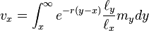  v_x = \int_{x}^{\infty} e^{-r(y-x)} \frac{\ell_{y}}{\ell_{x}} m_{y} dy