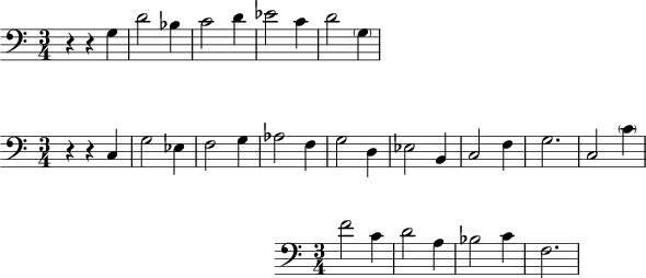 
 \header {
     tagline = ##f
 }

 \score {
  \relative c' {
    \clef "bass"
    \time 3/4
    r4 r4 g d'2 bes4 c2 d4 es2 c4 d2 \parenthesize g,4
  }
   \layout {}
   \midi {}
 }

 \score {
   \new Staff  \relative c {
    \clef "bass"
    \time 3/4
    r4 r4 c g'2 es4 f2 g4 as2 f4 g2 d4 es2 b4 c2 f4 g2. c, 2 \parenthesize c'4
  }
   \layout {}
   \midi {}
 }

 \score {
   \new Staff  \relative c' {
    \clef "bass"
    \time 3/4
    f2 c4 d2 a4  bes2 c4 f,2.
}
  \layout {
    indent = 7.8\cm
  }
   \midi {}
 }
