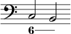 { \override Score.TimeSignature #'stencil = ##f \time 6/4 \clef bass << { c2 b, } \figures { \bassFigureExtendersOn < 6 >2 < 6> } >> }