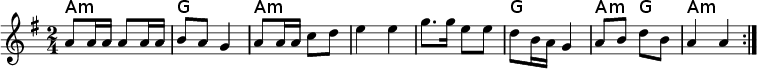 
<<
\new ChordNames \chordmode {
  \set chordChanges = ##t
  a4:m a4:m |%1
  g4 g4     |%2
  a4:m a4:m |%3
  a4:m a4:m |%4
  a4:m a4:m |%5
  g4 g4     |%6
  a4:m g4   |%7
  a4:m a4:m |%8
}
\new Staff \relative c''{
\key a \dorian
\time 2/4
\repeat volta 2 { %start repeat
   a8 a16 a a8 a16 a |%1
   b8 a g4           |%2
   a8 a16 a c8 d     |%3
   e4 e4             |%4
   g8. g16 e8 e      |%5
   d8 b16 a g4       |%6
   a8 b8 d8 b8       |%7
   a4 a4             |%8
  } %end repeat
}
>>
