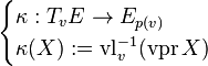 \begin{cases}\kappa:T_vE\to E_{p(v)} \\ \kappa(X):=\operatorname{vl}_v^{-1}(\operatorname{vpr}X) \end{cases}