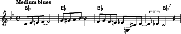 
\relative c' { 
<<
\new ChordNames { 
\set chordChanges = ##t
\chordmode { bes1  ees1 bes1~ bes4 bes2.:7} }

\new Staff {
\tempo "Medium blues"
\key bes \major
d8 ees e f~ f2 | g8 gis a bes~ bes2 | f8 g f e ees e, cis' d~ | \times 2/3 { d8 des4 } c2 r4 |
}
>>
}
