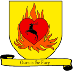 A coat of arms showing a crowned black stag in a red heart engulfed in orange flames on a field of yellow.