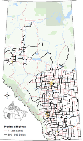 The alignments of the 500 - 986 series of highways within Alberta's provincial highway system within other base features including hydrography, national/provincial parks, cities and city equivalents, and the provincial green and white zones.