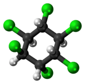 Ball-and-stick model of the alpha-(-)-hexachlorocyclohexane molecule