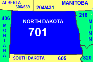 Map of North Dakota area code in blue (with border states and provinces)