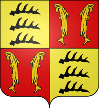 Quartered — I and IV: Or, three stag's antlers sable; II and III: gules, two fishes Or addorsed