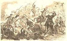 Sepia print of cavalrymen cutting with swords at foot soldiers. A cannon is visible at the left.