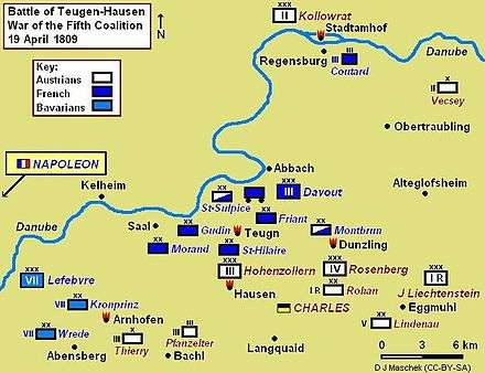 Battle of Teugen-Hausen map, showing positions on 19 April 1809