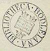 A circular ink stamp mark, with "Bibliotheca Bodleiana" around the outside of the circle; inside, a shield with an open book surrounded by three crowns