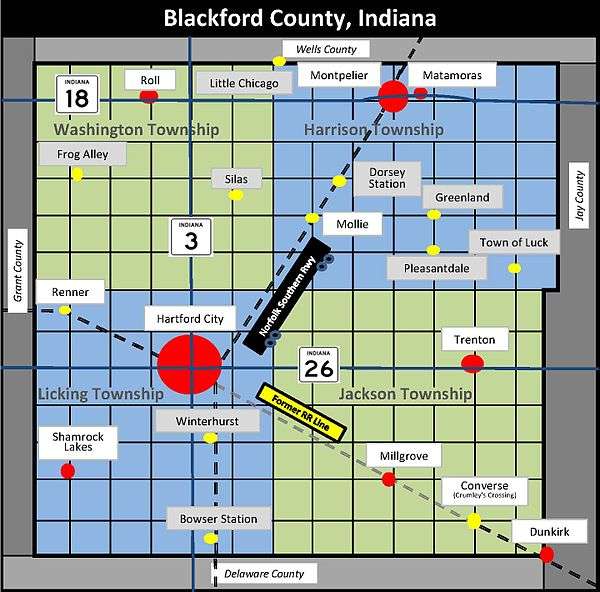 Map of Blackford County showing current and former communities, state highways, and railroads.