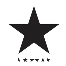 A white background with a large black star and smaller parts of a five-pointed star that spell out "BOWIE"