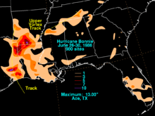 Colored contoured map of rainfall amounts. Each contour denotes a difference in precipitation totals.