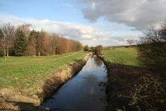 It is a bright February  day, with some blue sky between rolling white clouds. A decent-sized stream, well filled with fast-moving water runs toward us down the middle of the picture.  On eather side are wide, flat grassy banks.  On the left is a footpath, and further left a stand of bare-branched silver birch, with a single evergreen spruce at our end of the plantation.  On the right, in the immediate foreground, is a bare blackthorn bush.  Behind that the right bank extends away as a field planted with winter wheat.  The original photographer wrote:'Bottesford Beck. Looking east along Bottesford Beck, years ago it was heavily polluted with outflow from Scunthorpe steelworks, today it flows to the Trent much clearer.'