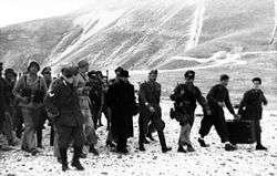 line of German soldiers walking with Mussolini