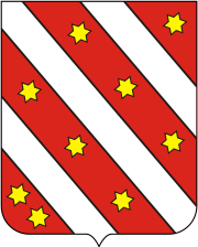 A red shield bearing 3 white diagonal stripes between which are arranged 9 yellow, 6-pointed stars