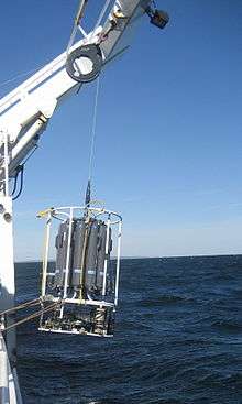 A CTD unit being deployed from a ship