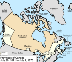 Map of the country of Canada on July 20, 1871, depicting the postage stamp sized province of Manitoba along with the provinces of Ontario (southern portion only), Quebec, New Brunswick, British Columbia and Nova Scotia in the colour white Northwest Territories which comprises the lands draining into Hudson Bay and are depicted in the colour pink. The area called Newfoundland, Labrador, Alaska, and the northerly Islands are depicted in bluish grey colour, and are not a part of Canada.